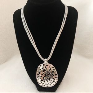 ST. THOMAS Silver Tone Large Filigree Pendant Necklace Multi-strand Gray Cord